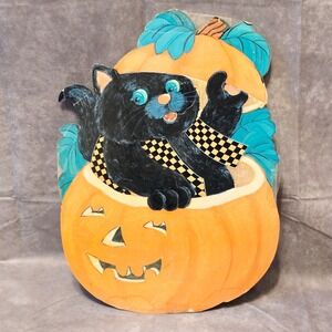 Vintage Black Cat In Pumpkin Cardboard Die Cut Decoration Halloween